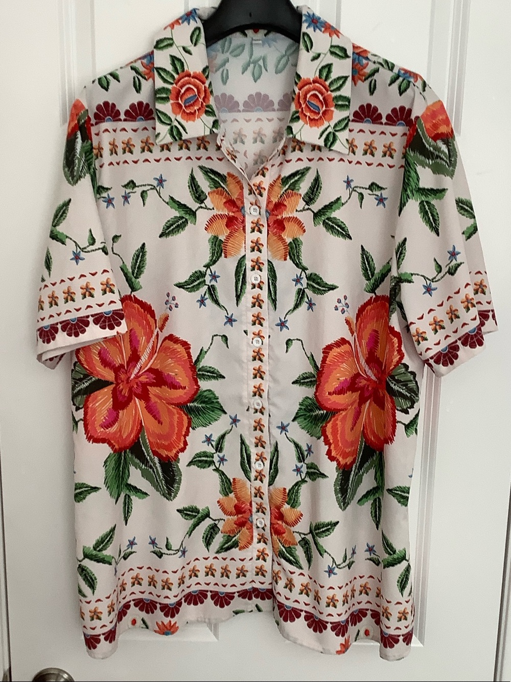 Womens Floral Button-Down Shirt - Orange & Green